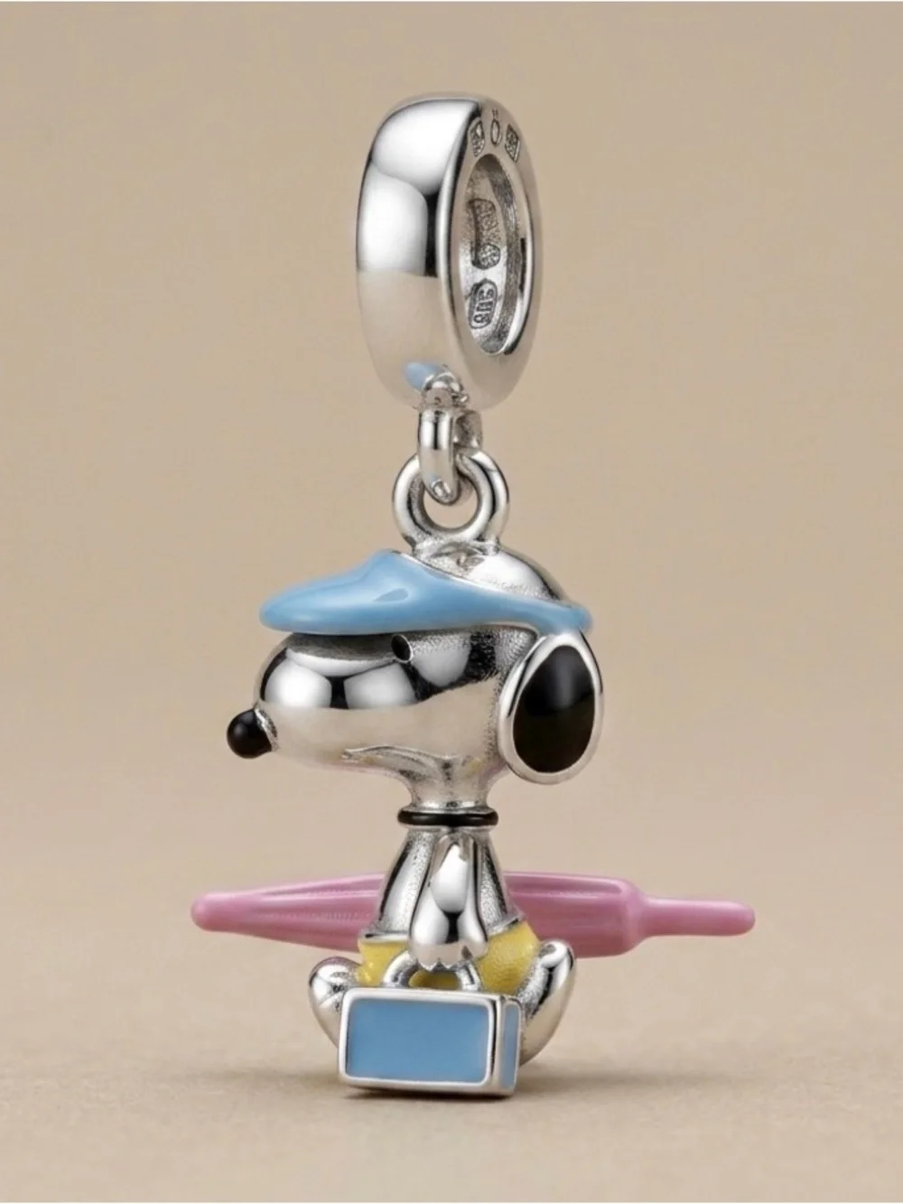 Silver Snoopy Surfing Dog Charm with Blue Hat and Pink Board
